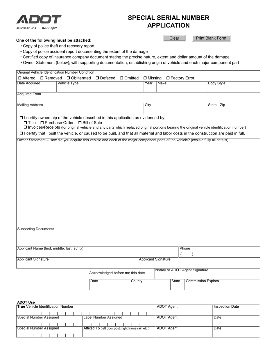 Form 48-5108 Special Serial Number Application - Arizona, Page 1