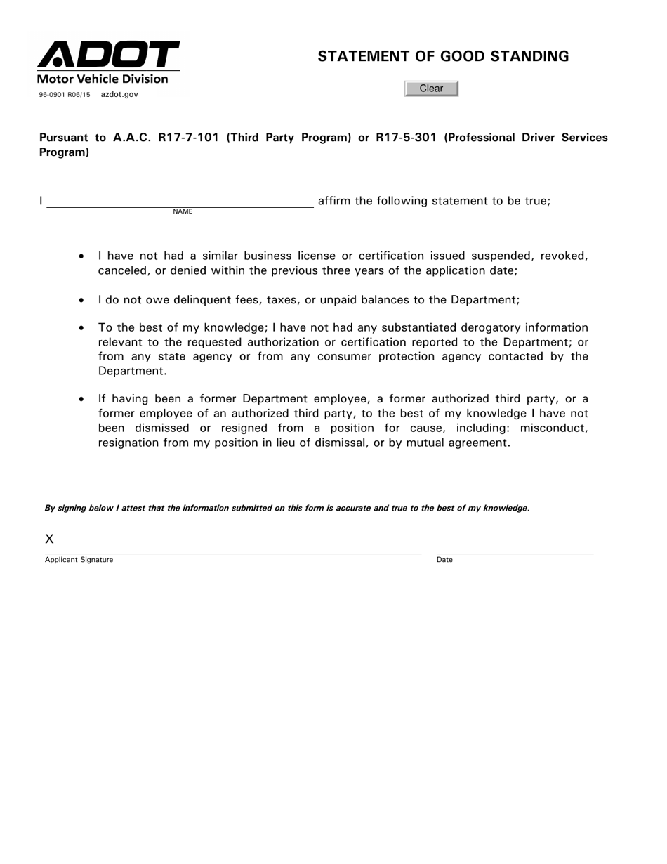 Form 96-0901 Statement of Good Standing - Arizona, Page 1