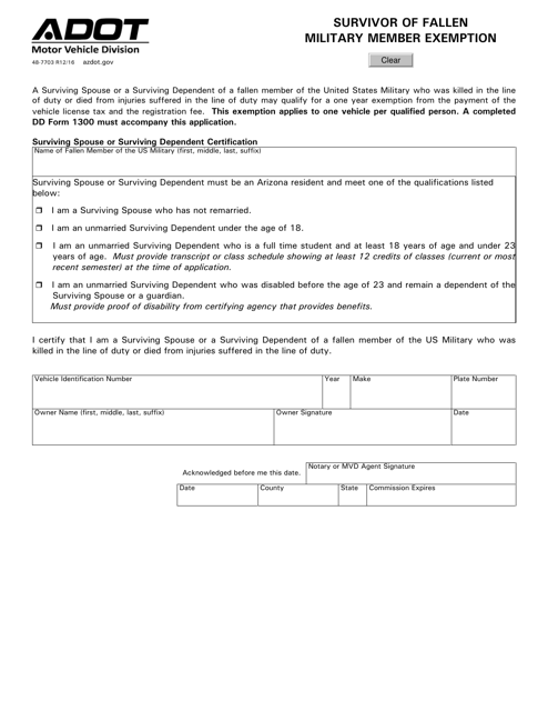 Form 48-7703 Survivor of Fallen Military Member Exemption - Arizona