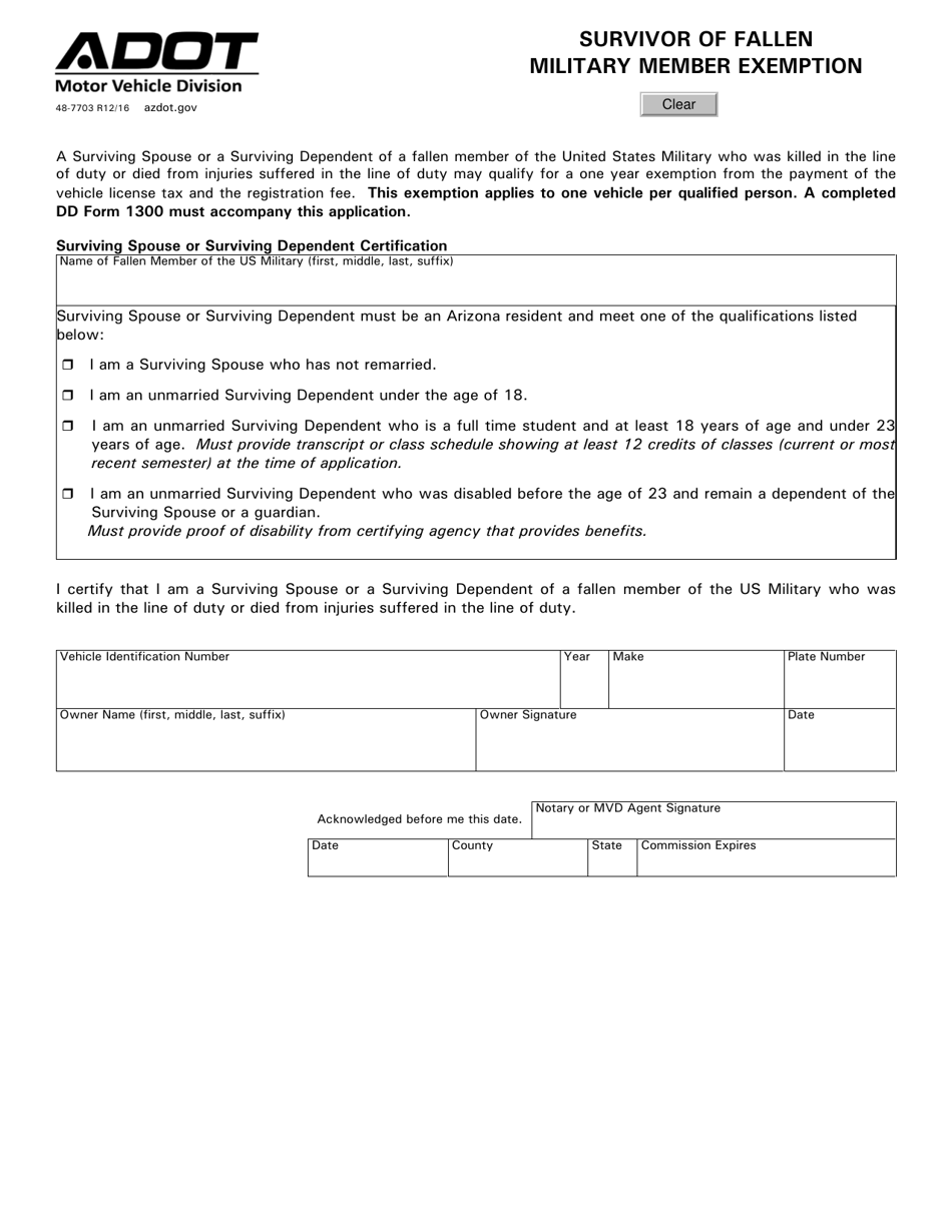 Form 48-7703 Survivor of Fallen Military Member Exemption - Arizona, Page 1