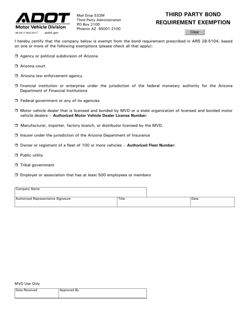 Form 96-0517 Third Party Bond Requirement Exemption - Arizona