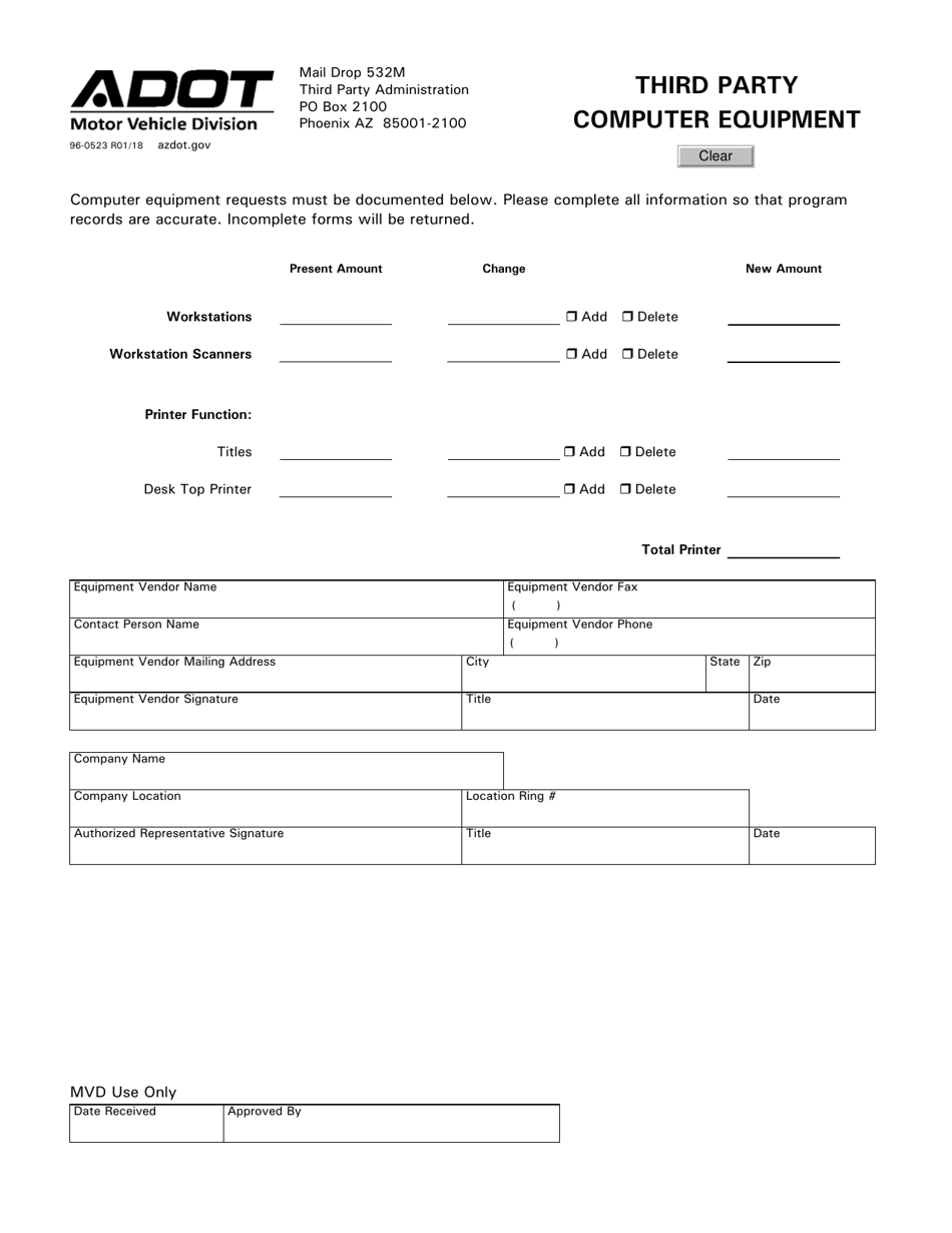 Form 96-0523 Third Party Computer Equipment - Arizona, Page 1