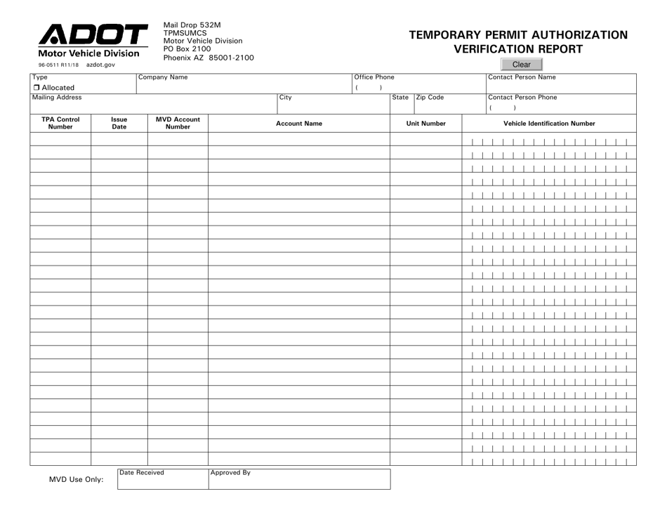 Form 96-0511 Temporary Permit Authorization Verification Report - Arizona, Page 1