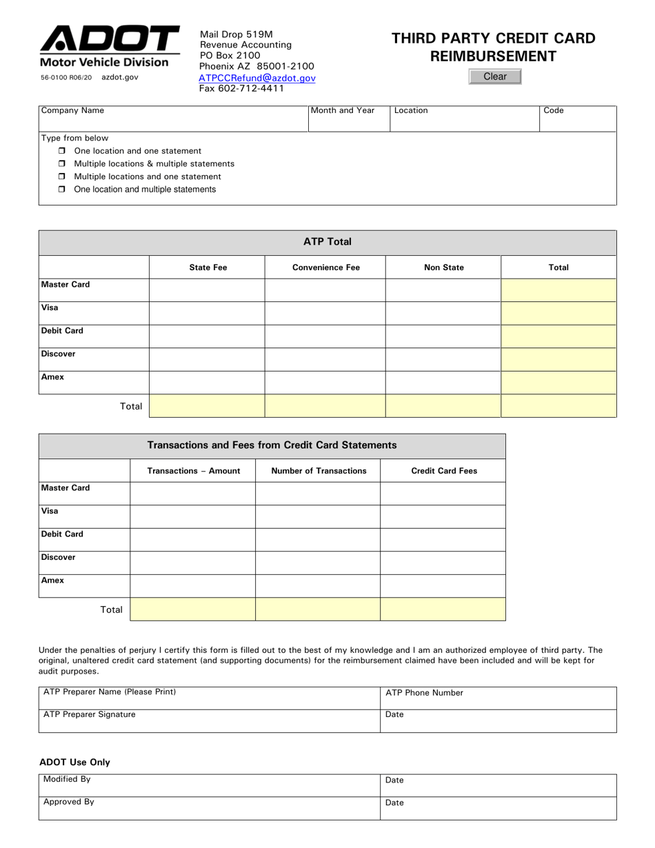 Form 56-0100 Third Party Credit Card Reimbursement - Arizona, Page 1