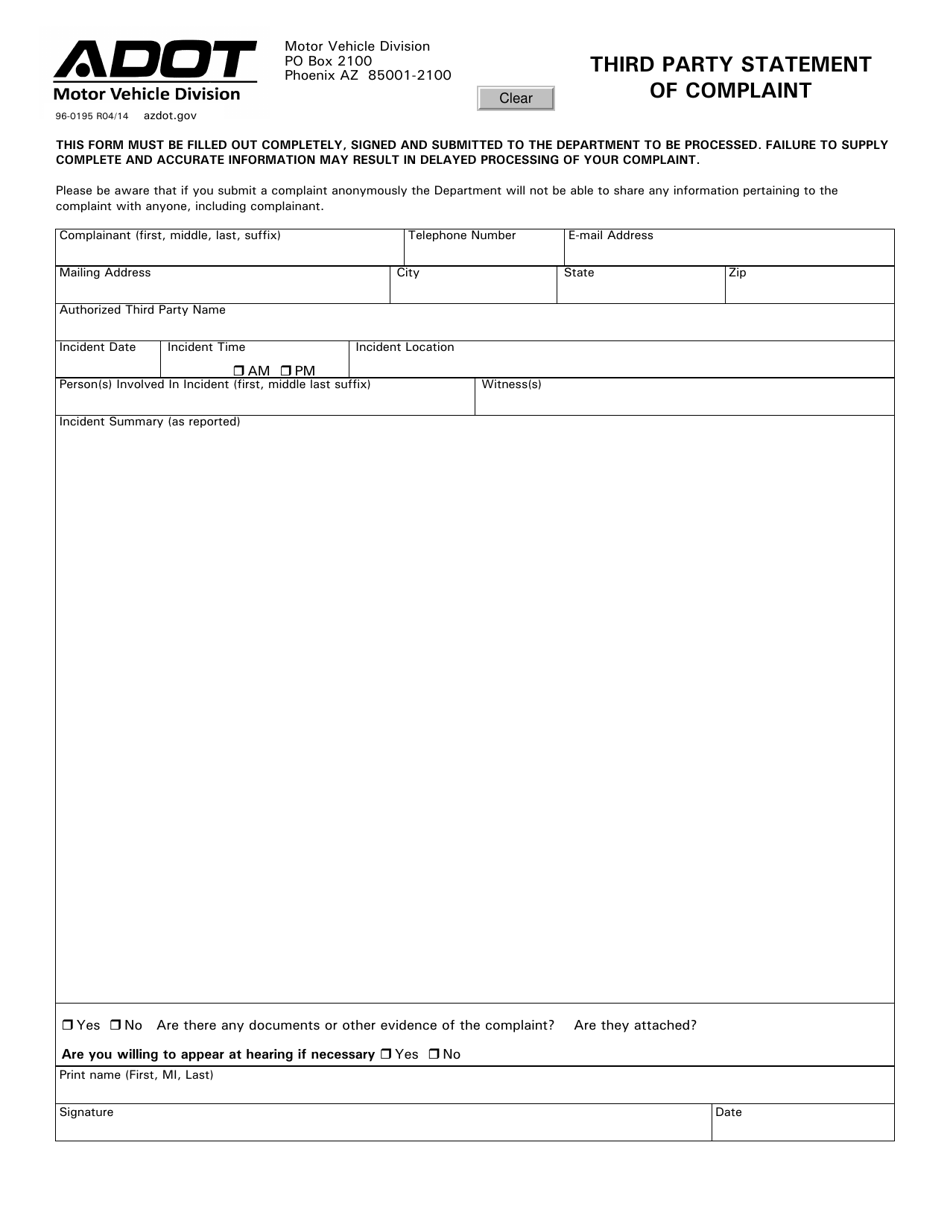 Form 96-0195 Third Party Statement of Complaint - Arizona, Page 1