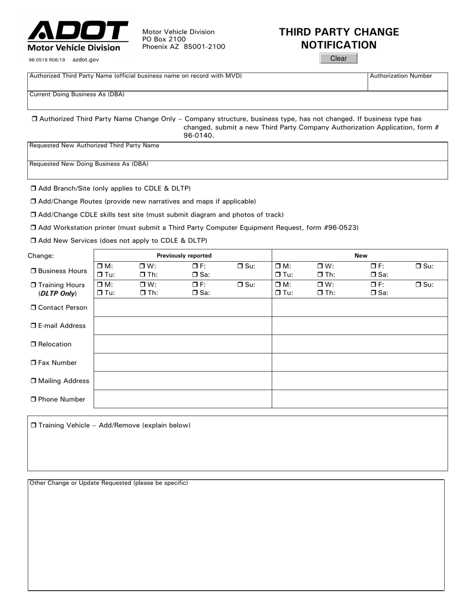 Form 96-0518 Third Party Change Notification - Arizona, Page 1