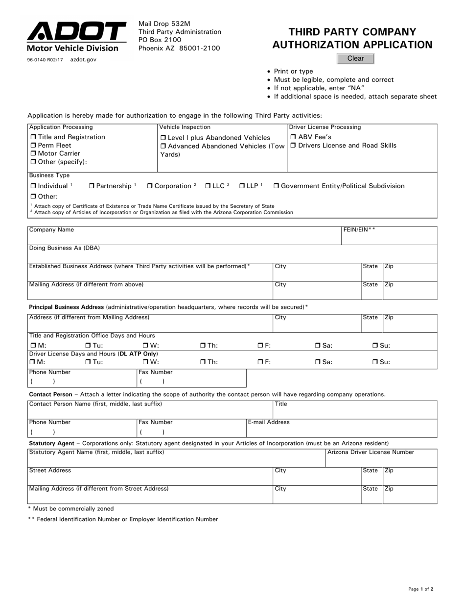 Form 96-0140 Third Party Company Authorization Application - Arizona, Page 1
