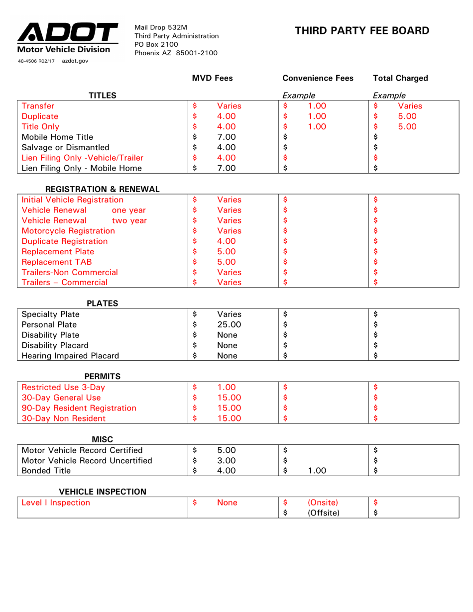 Form 48-4506 Third Party Fee Board - Arizona, Page 1