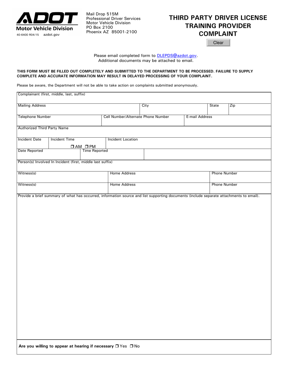 Form 40-6400 Third Party Driver License Training Provider Complaint - Arizona, Page 1