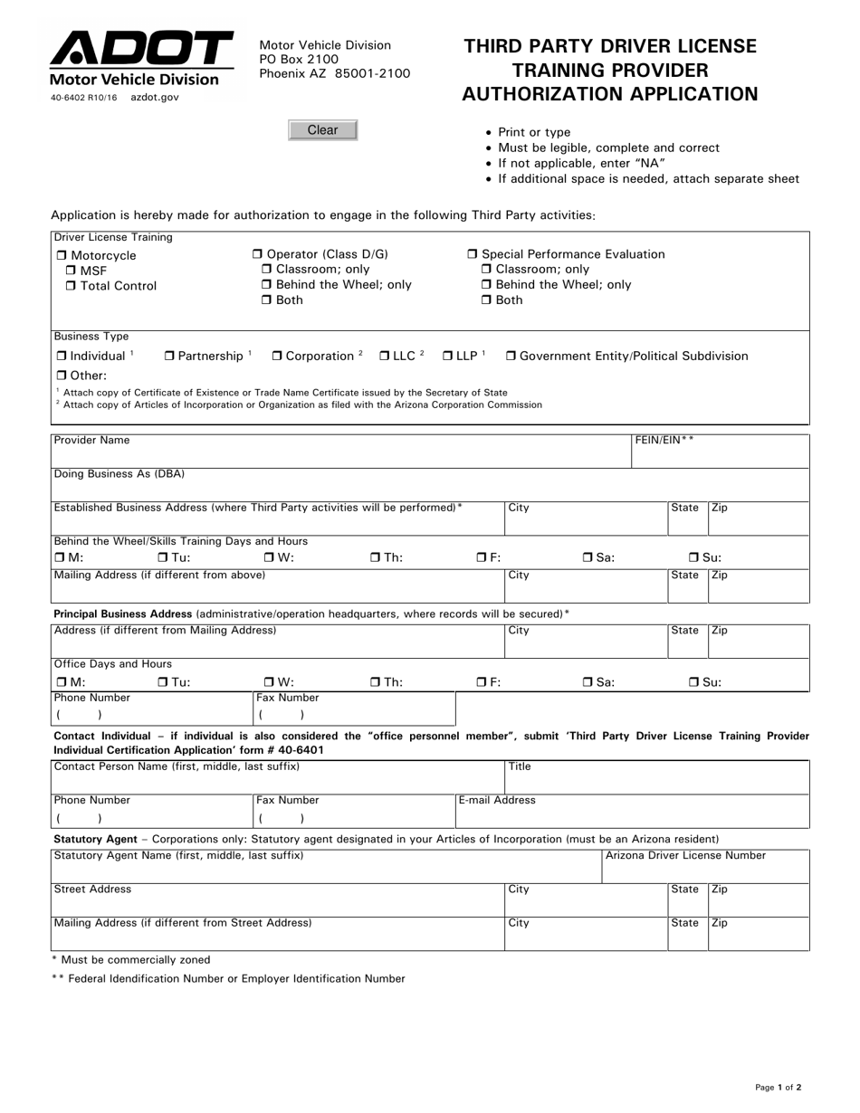 Form 40-6402 Third Party Driver License Training Provider Authorization Application - Arizona, Page 1