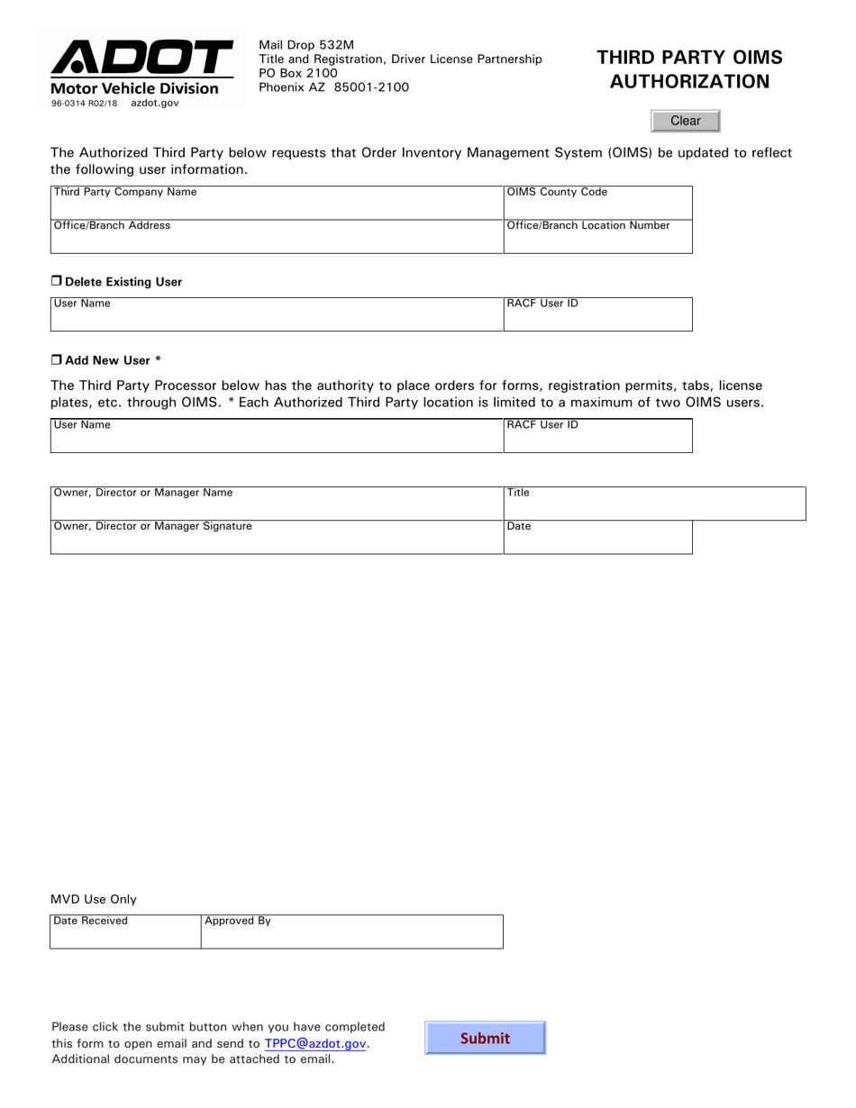 Form 96-0314 Third Party Oims Authorization - Arizona, Page 1