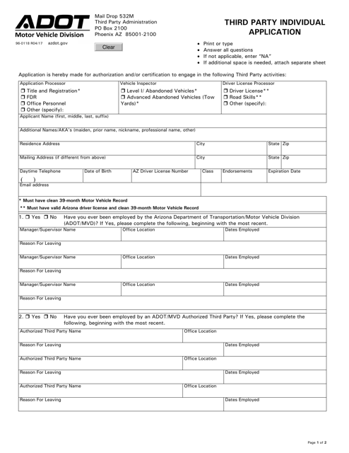 Form 96-0118 Third Party Individual Application - Arizona