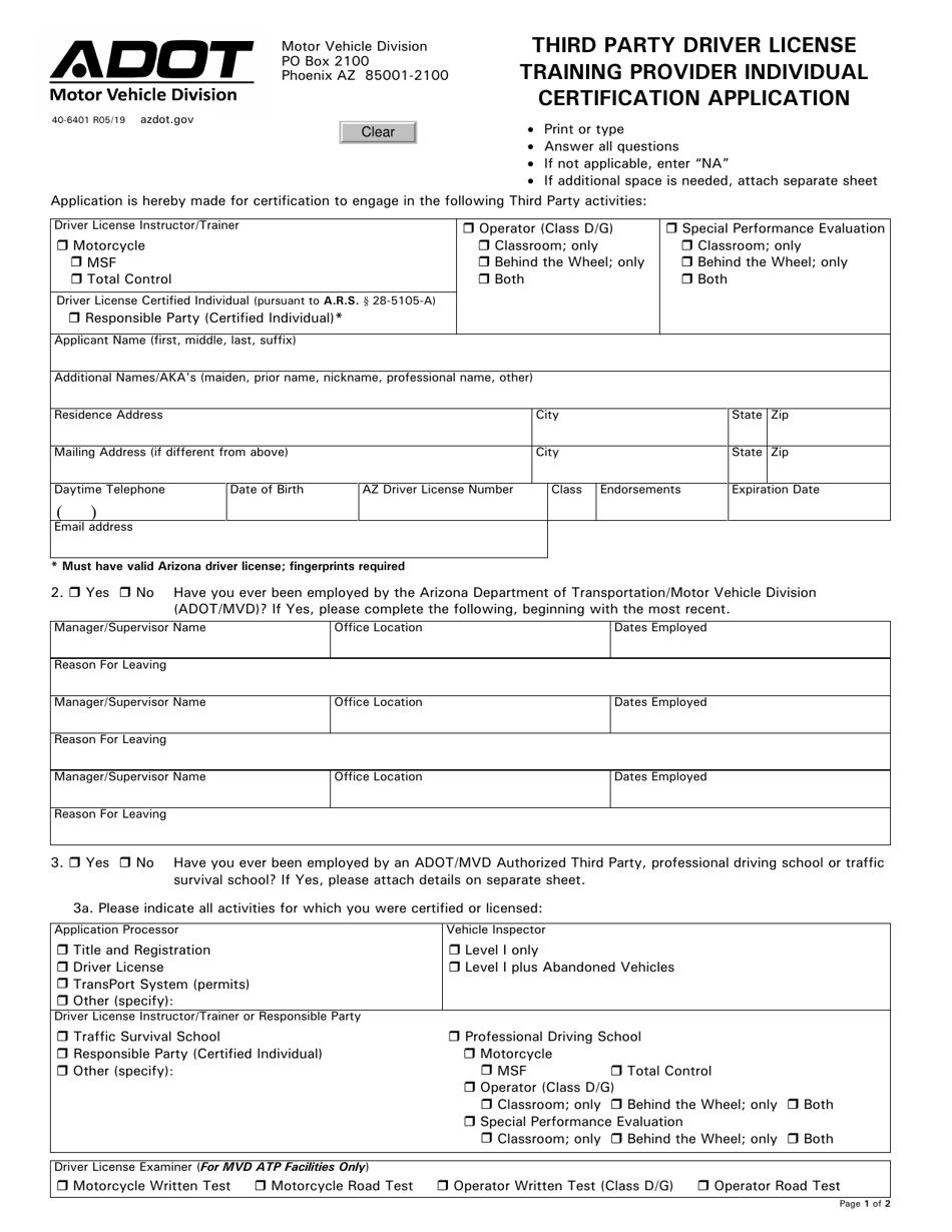 Form 40-6401 Third Party Driver License Training Provider Individual Certification Application - Arizona, Page 1