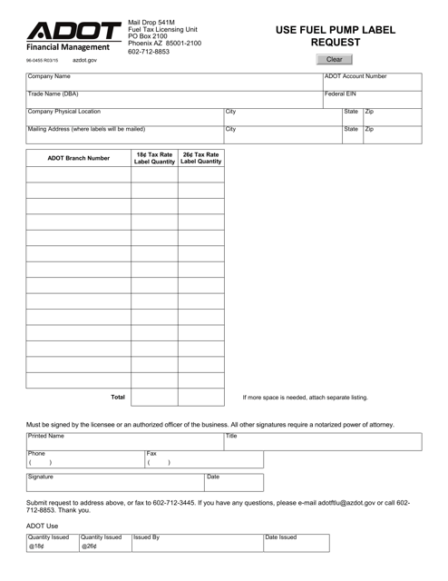 Form 96-0455 Use Fuel Pump Label Request - Arizona