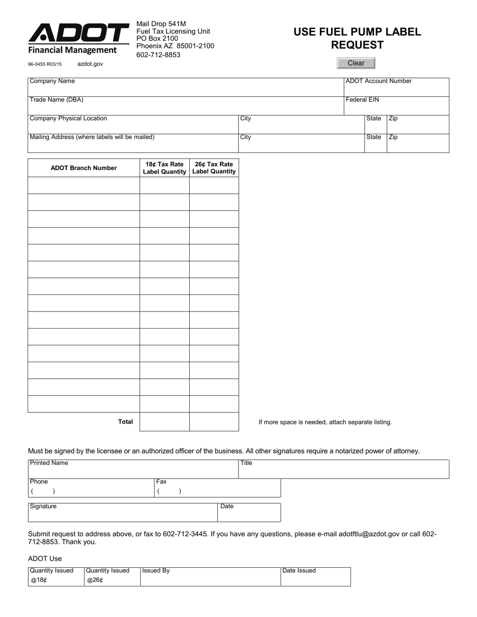 Form 96-0455 Use Fuel Pump Label Request - Arizona, Page 1