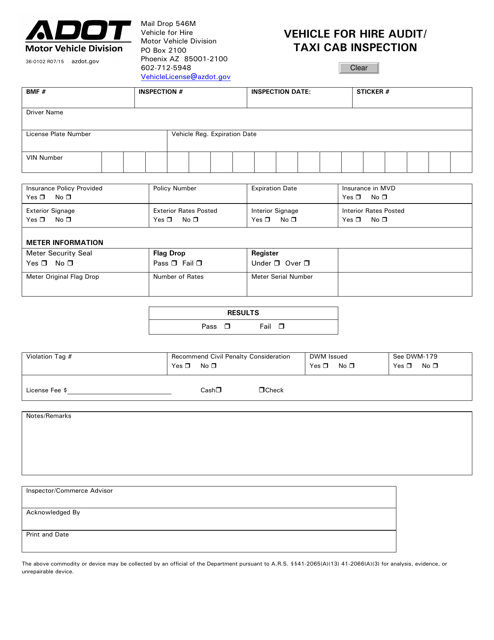 Form 36-0102 Vehicle for Hire Audit/Taxi Cab Inspection - Arizona