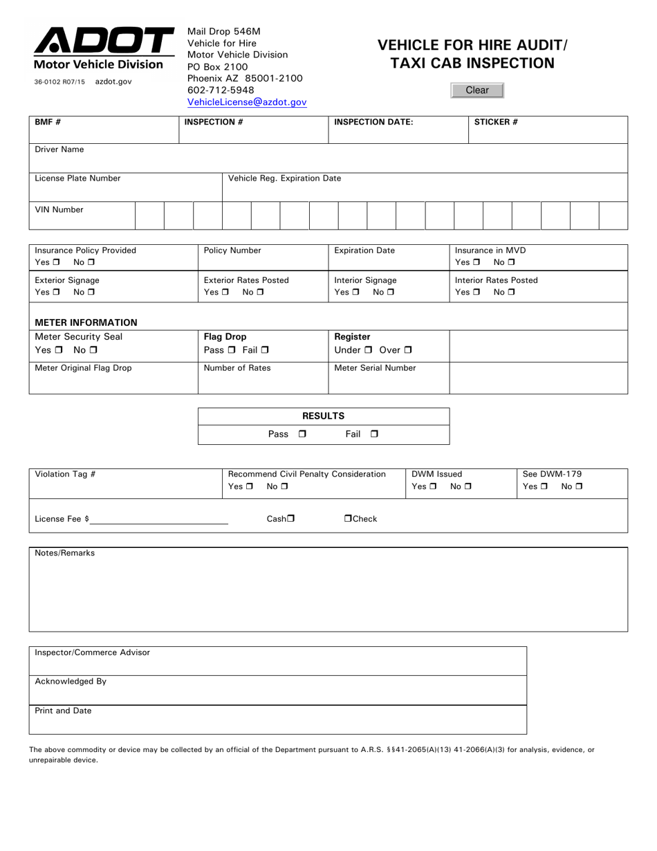 Form 36-0102 Vehicle for Hire Audit / Taxi Cab Inspection - Arizona, Page 1
