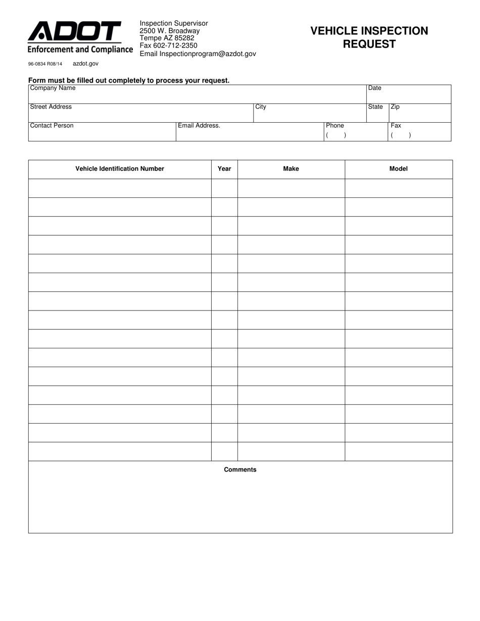 Form 96-0834 Vehicle Inspection Request - Arizona, Page 1