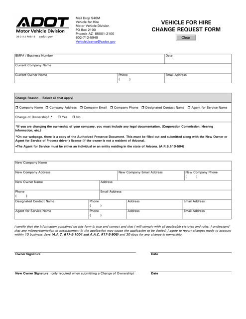 Form 36-0112 Vehicle for Hire Change Request Form - Arizona