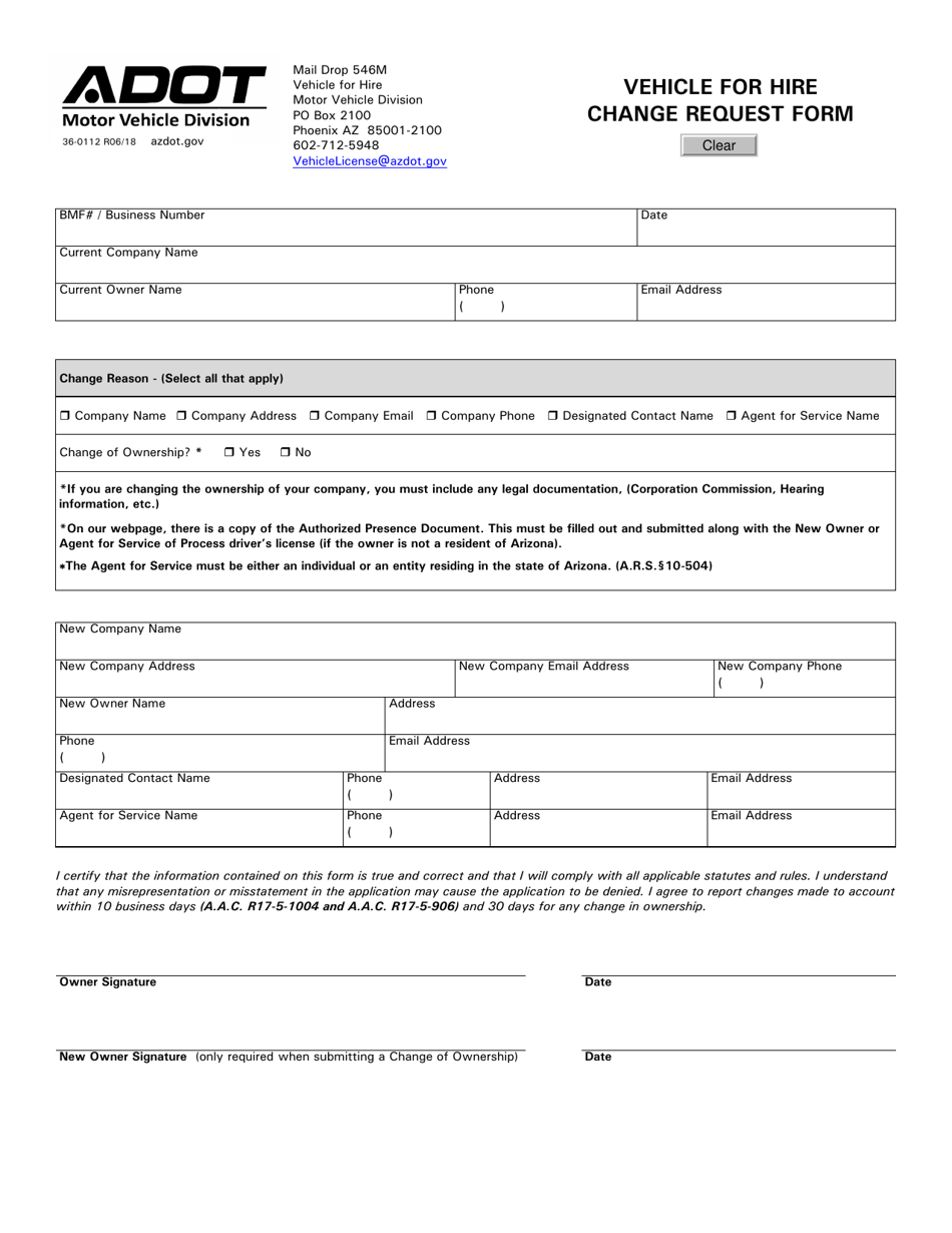 Form 36-0112 Vehicle for Hire Change Request Form - Arizona, Page 1