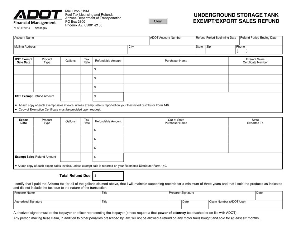 Form 70-0710 Underground Storage Tank Exmpt / Export Sales Refund - Arizona, Page 1