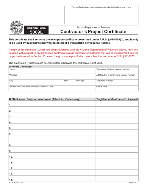 Arizona Form 5009L (ADOR11233) Contractor's Project Certificate - Arizona
