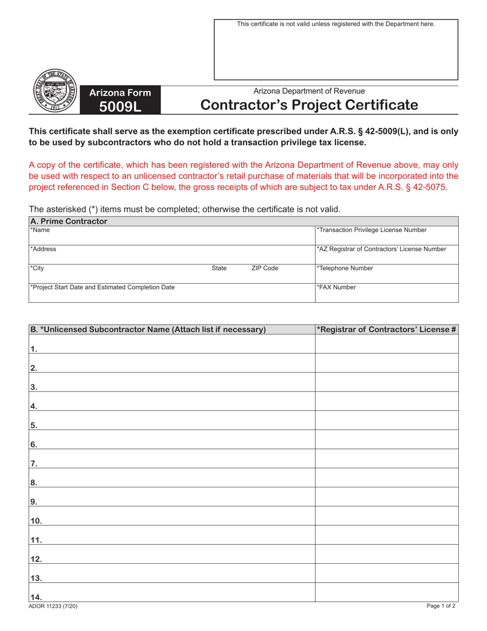 Arizona Form 5009L (ADOR11233) Contractors Project Certificate - Arizona, Page 1