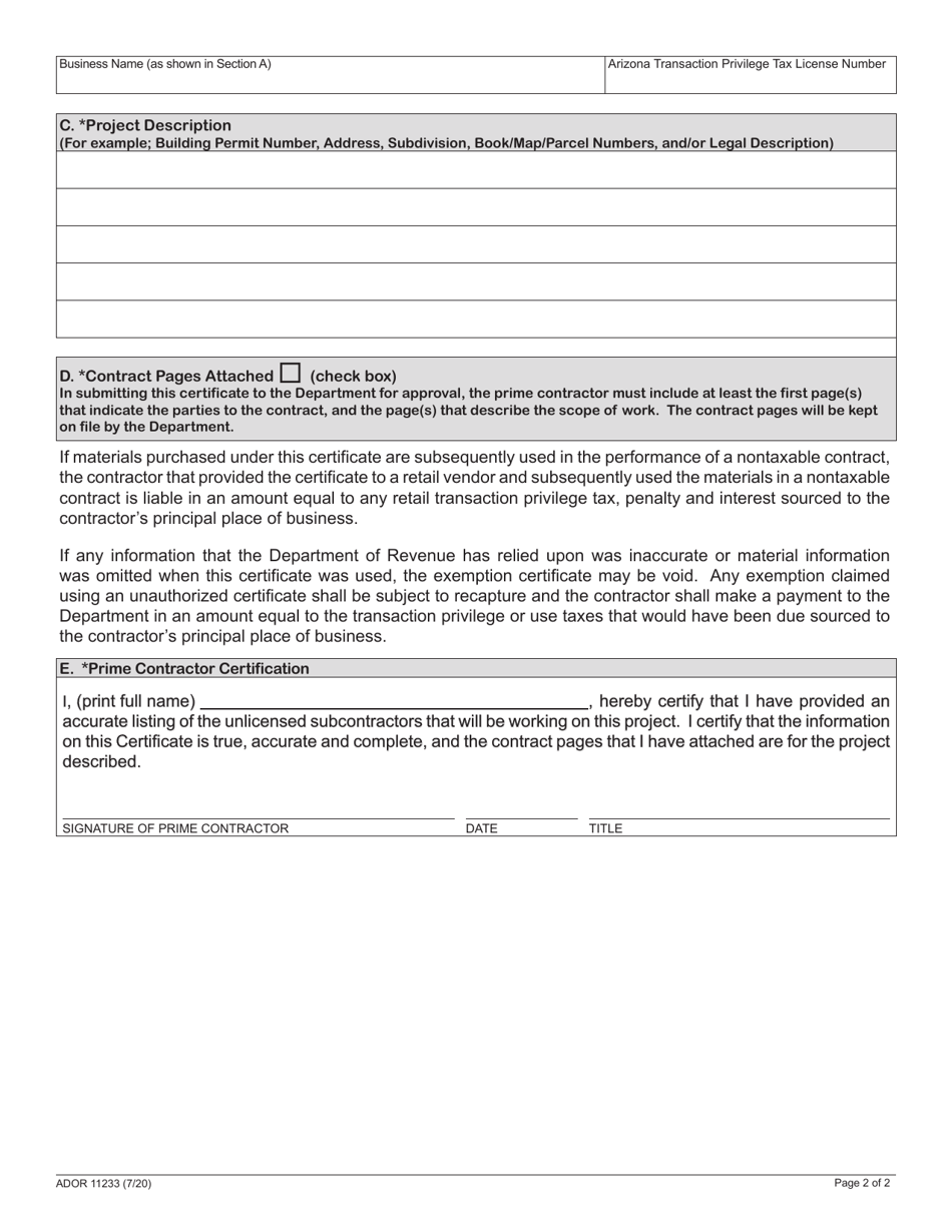 Arizona Form 5009L (ADOR11233) Contractors Project Certificate - Arizona, Page 2
