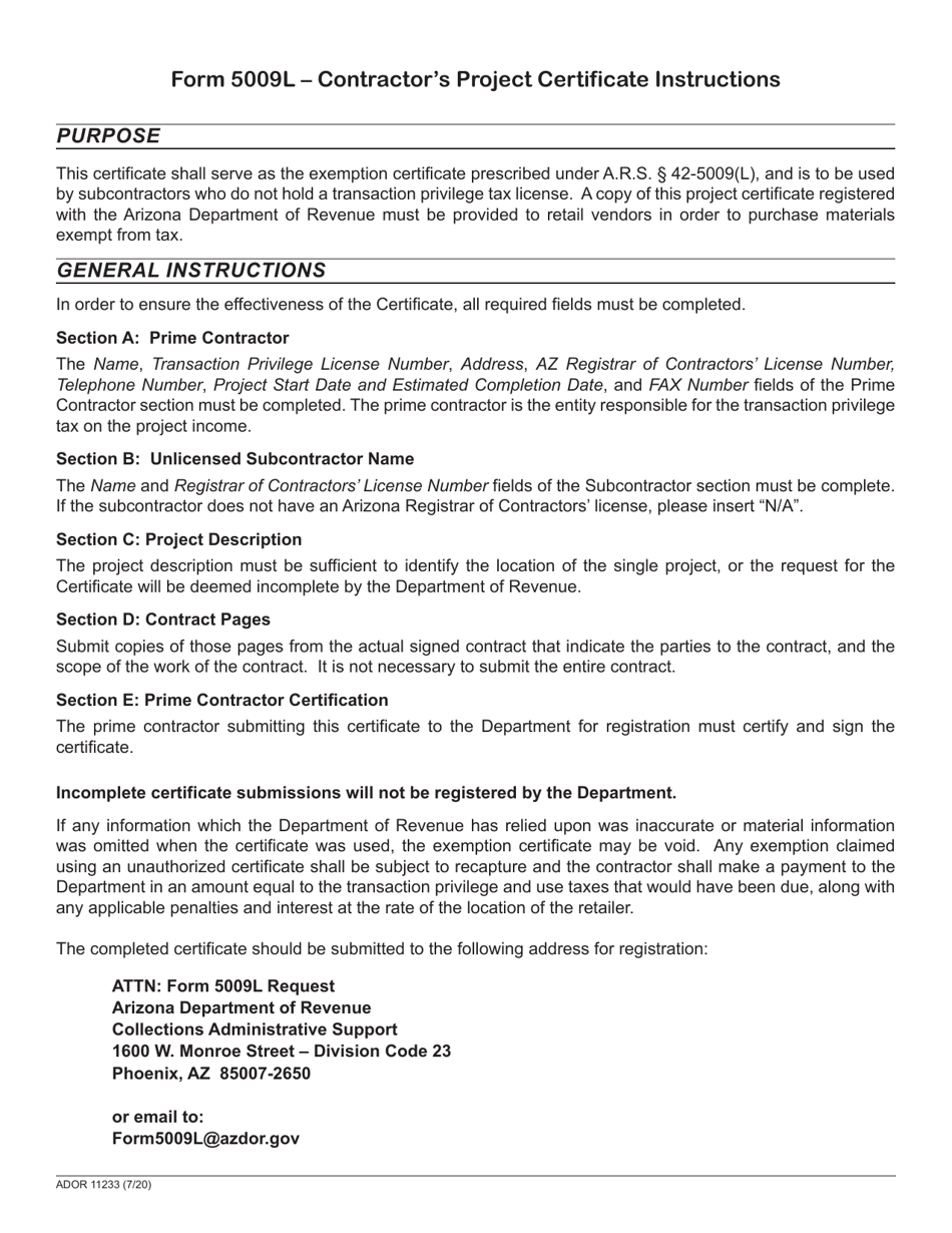 Arizona Form 5009L (ADOR11233) Contractors Project Certificate - Arizona, Page 3