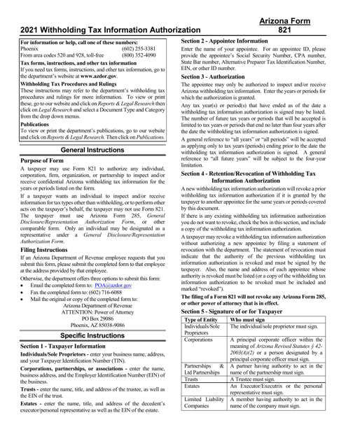 Arizona Form 821, ADOR10172 2021 Printable Pdf