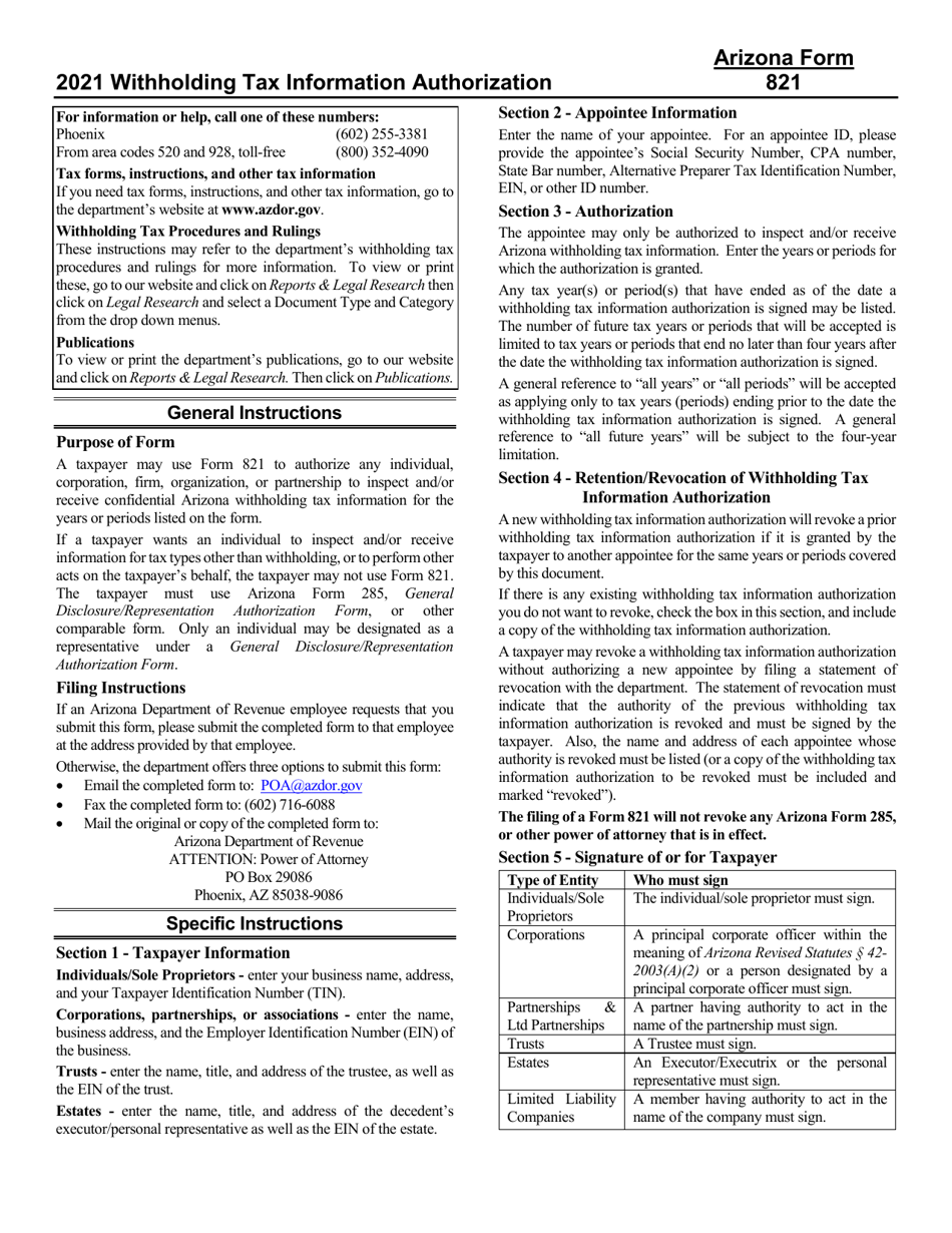 Instructions for Arizona Form 821, ADOR10172 Withholding Tax Information Authorization - Arizona, Page 1