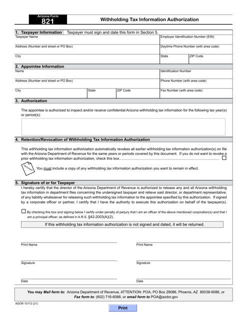 Arizona Form 821 (ADOR10172)  Printable Pdf