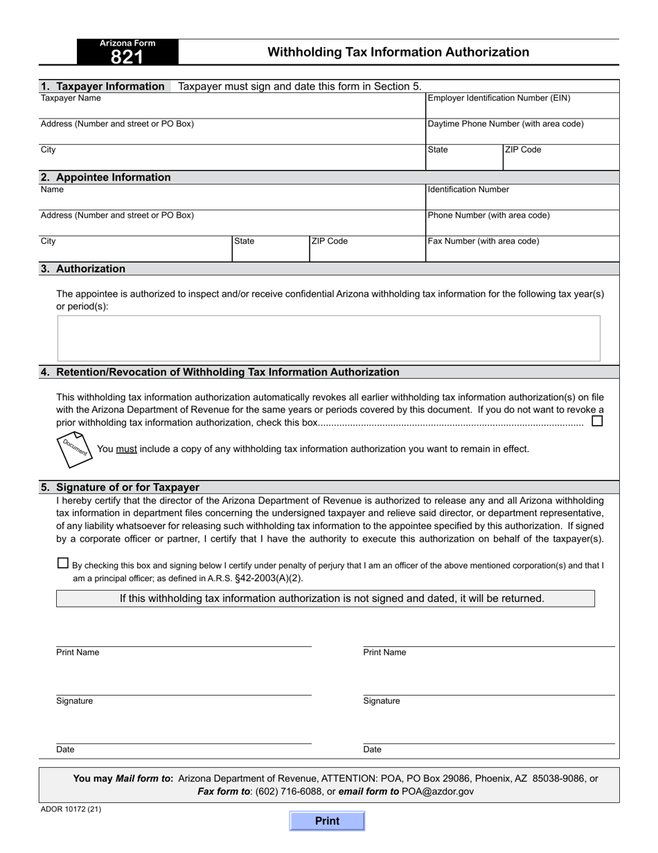 Arizona Form 821 (ADOR10172) - Fill Out, Sign Online and Download ...