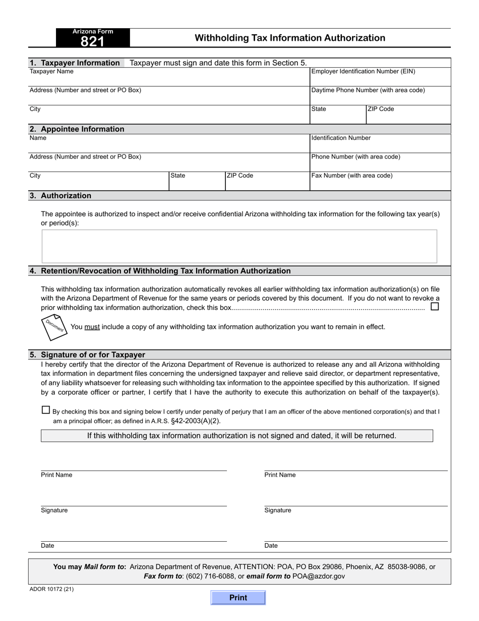 Arizona Form 821 (ADOR10172) Withholding Tax Information Authorization - Arizona, Page 1