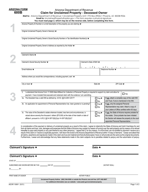 Arizona Form 600B (ADOR10691) Claim for Unclaimed Property - Deceased Owner - Arizona