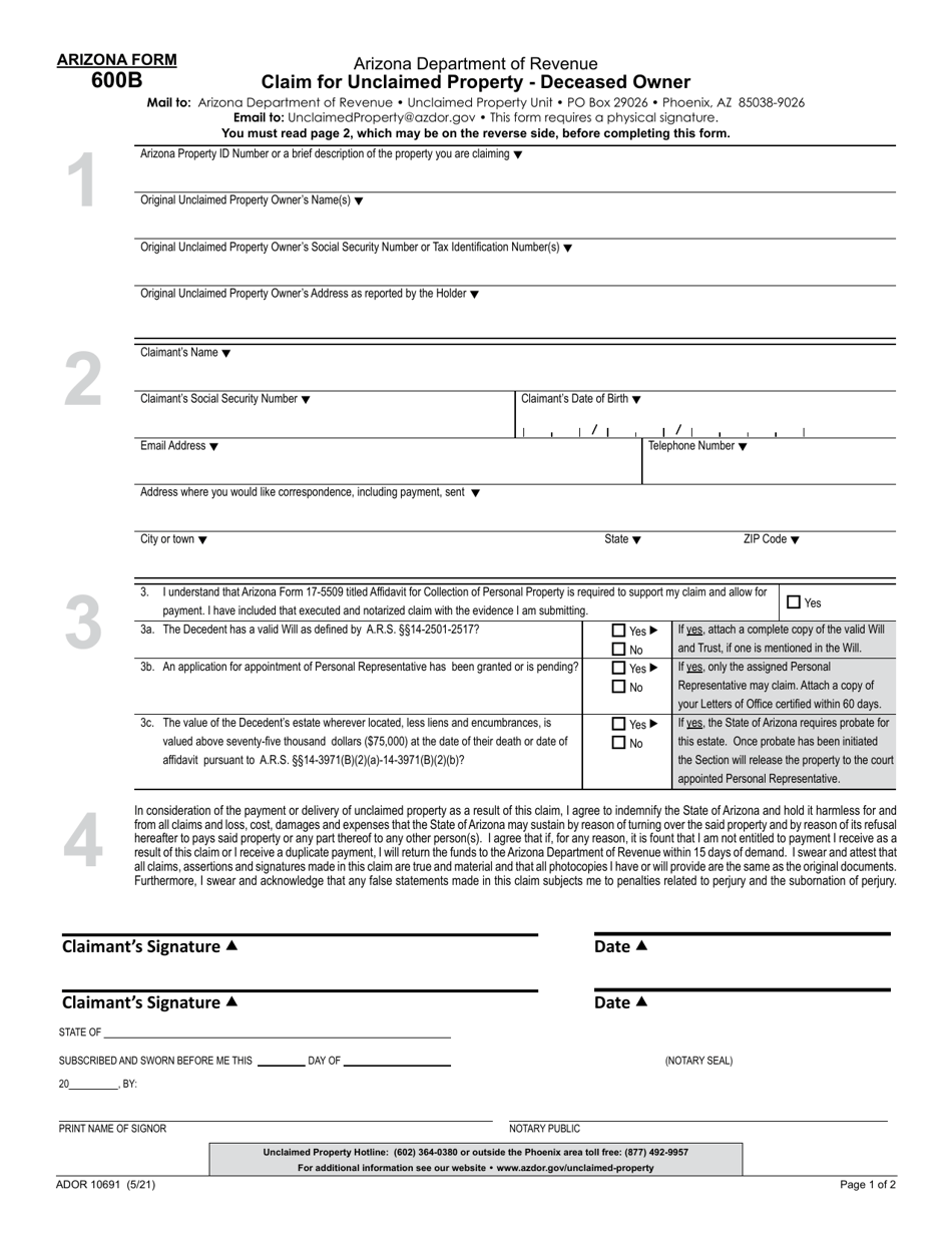Arizona Form 600B (ADOR10691) Claim for Unclaimed Property - Deceased Owner - Arizona, Page 1