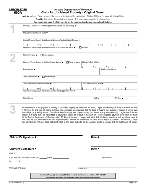 Arizona Form 600A (ADOR10690) Claim for Unclaimed Property - Original Owner - Arizona