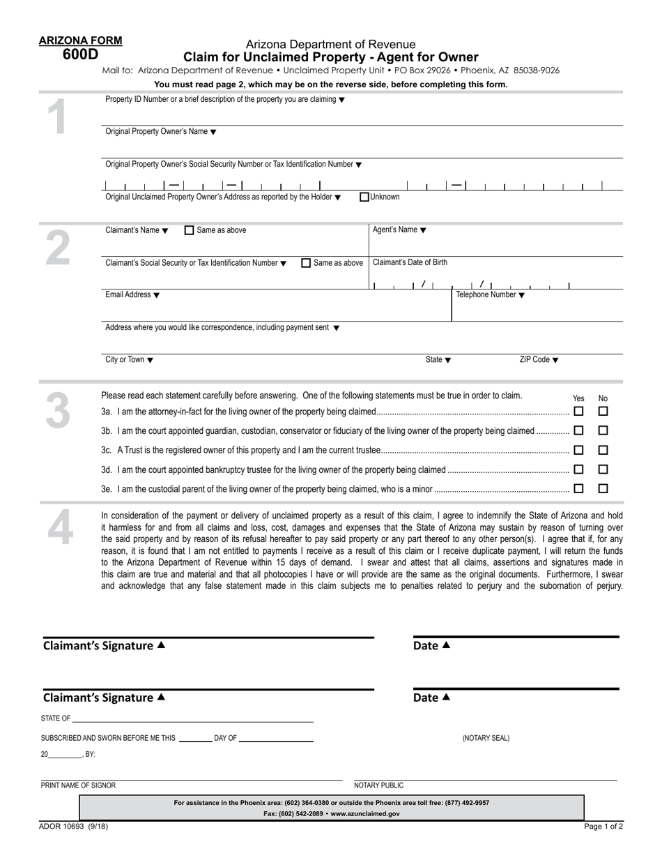 Arizona Form 600D (ADOR10693) Claim for Unclaimed Property - Agent for Owner - Arizona, Page 1