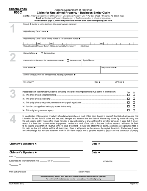 Arizona Form 600C (ADOR10692) Claim for Unclaimed Property - Business Entity Claim - Arizona
