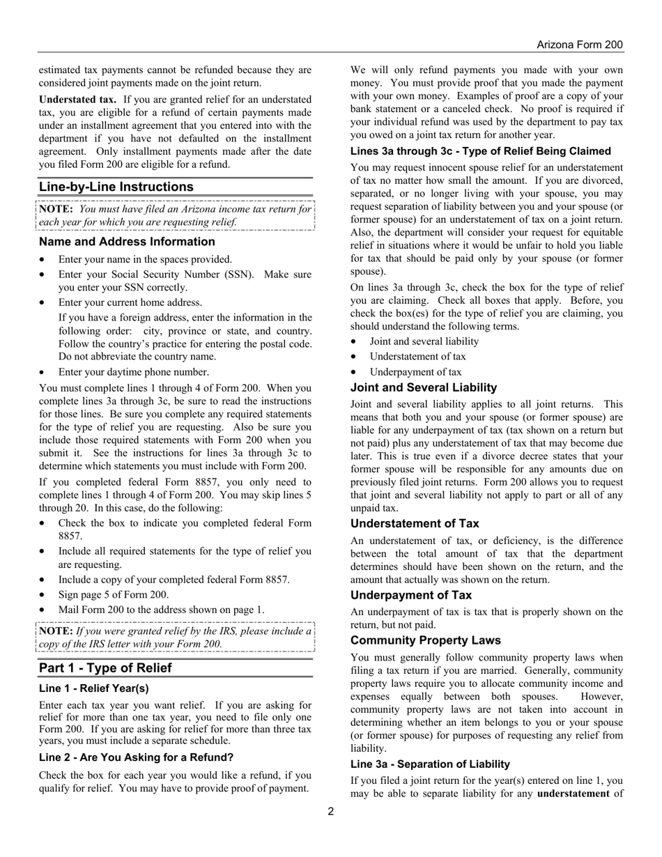 Instructions for Arizona Form 200, ADOR10180 Request for Innocent Spouse Relief and Separation of Liability and Equitable Relief - Arizona, Page 2