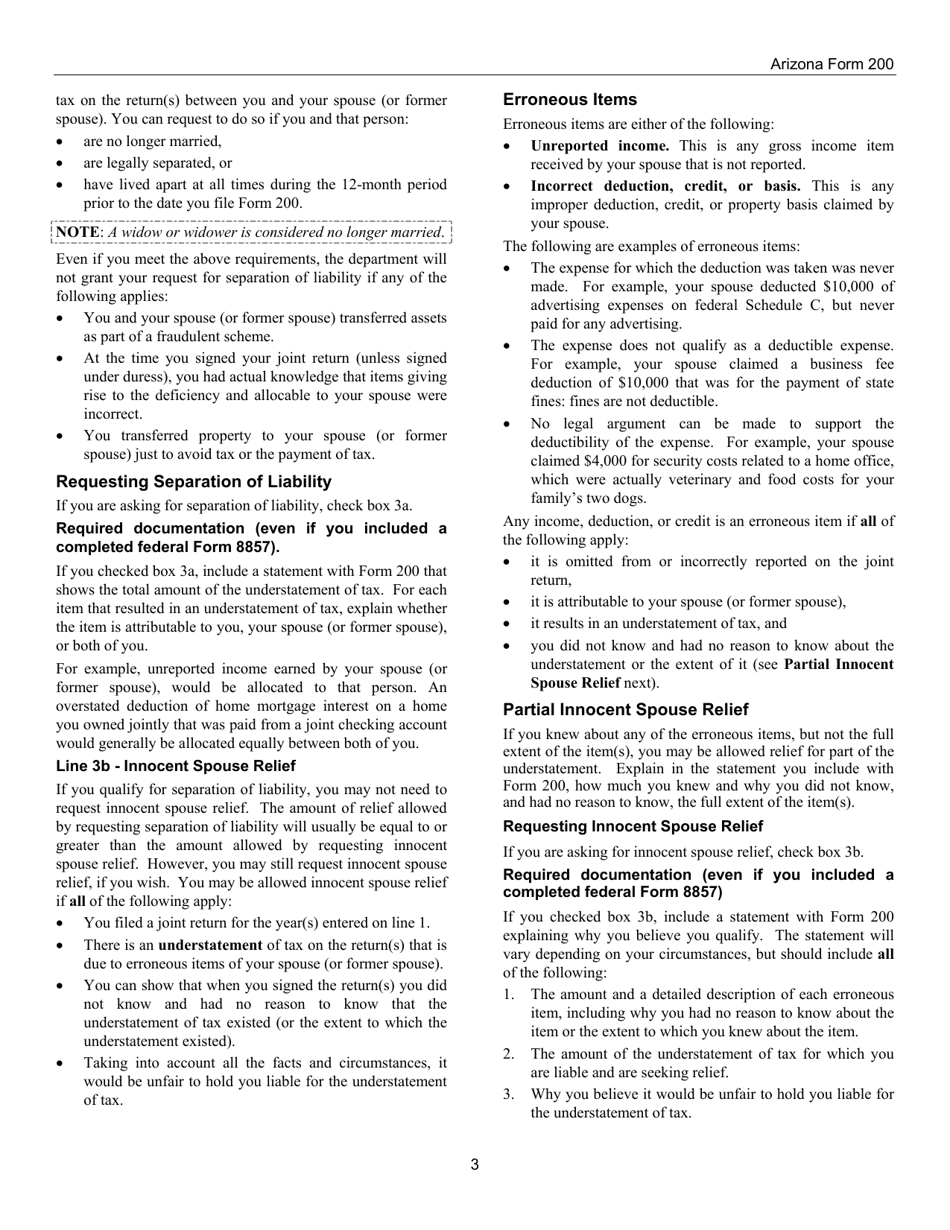 Instructions for Arizona Form 200, ADOR10180 Request for Innocent Spouse Relief and Separation of Liability and Equitable Relief - Arizona, Page 3