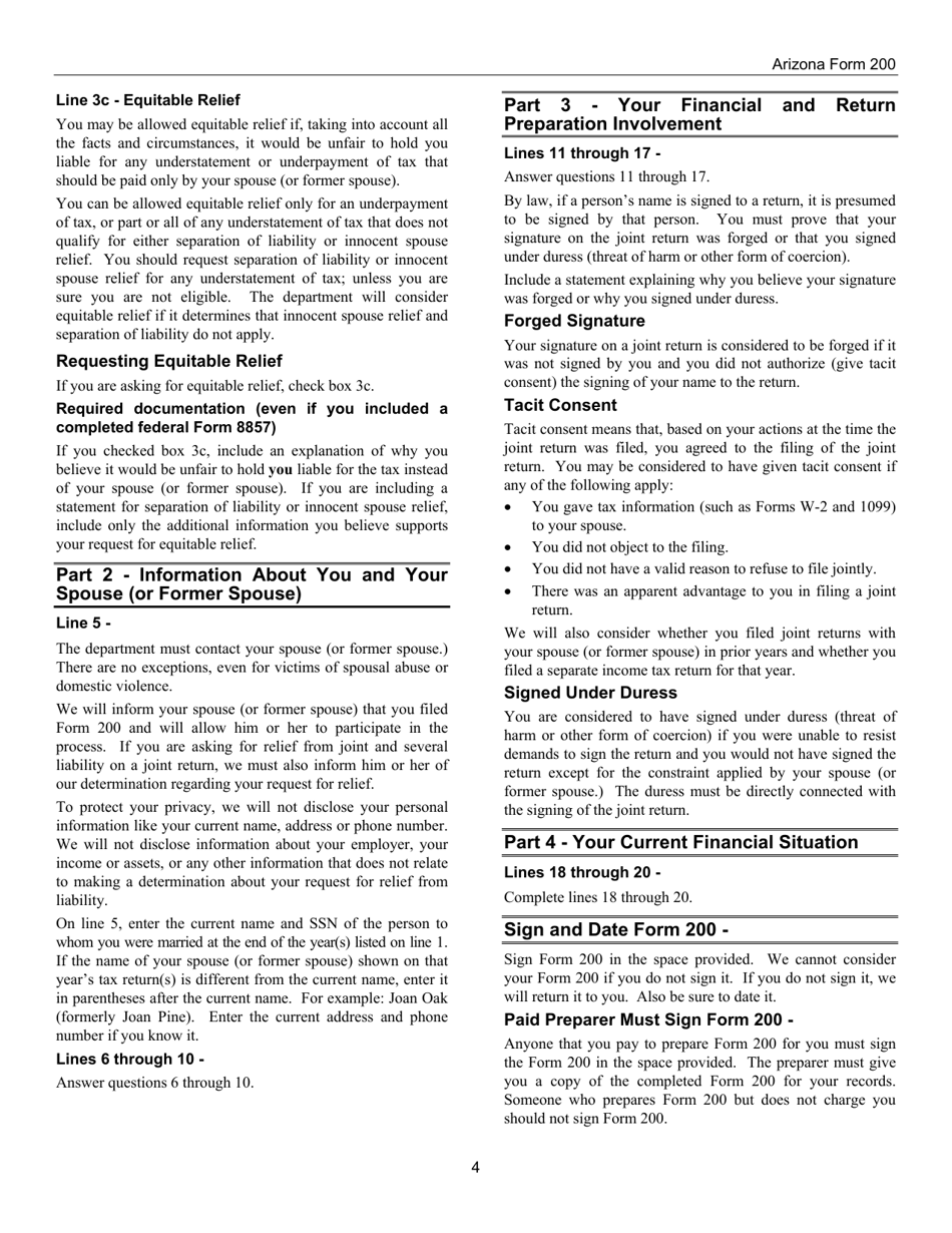 Instructions for Arizona Form 200, ADOR10180 Request for Innocent Spouse Relief and Separation of Liability and Equitable Relief - Arizona, Page 4