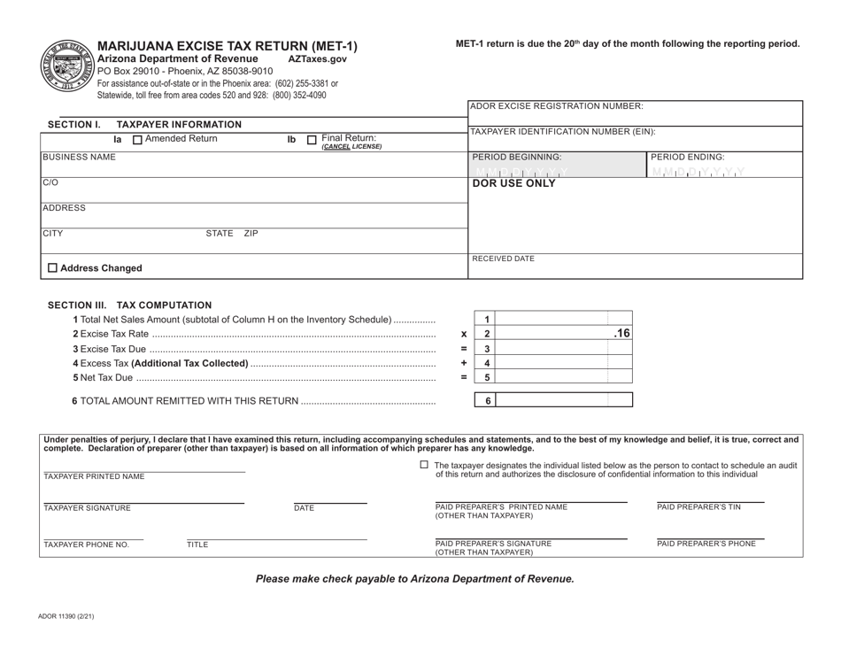 Form MET-1 (ADOR11390) Marijuana Excise Tax Return - Arizona, Page 1