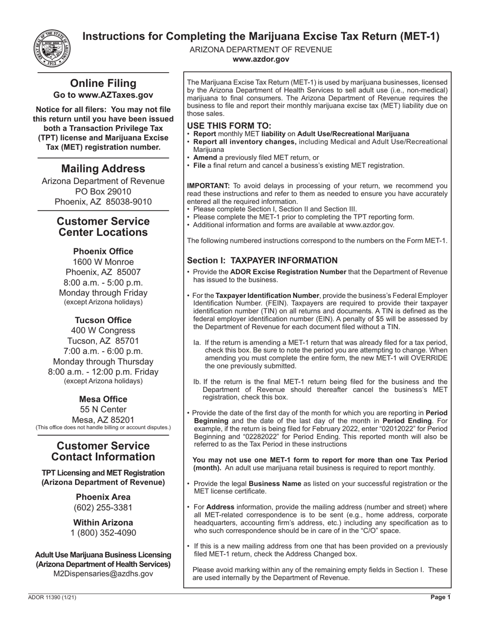 Instructions for Form MET-1, ADOR11390 Marijuana Excise Tax Return - Arizona, Page 1