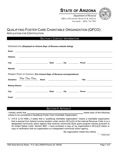 Application for Qualifying Foster Care Charitable Organization Certification - Arizona Download Pdf