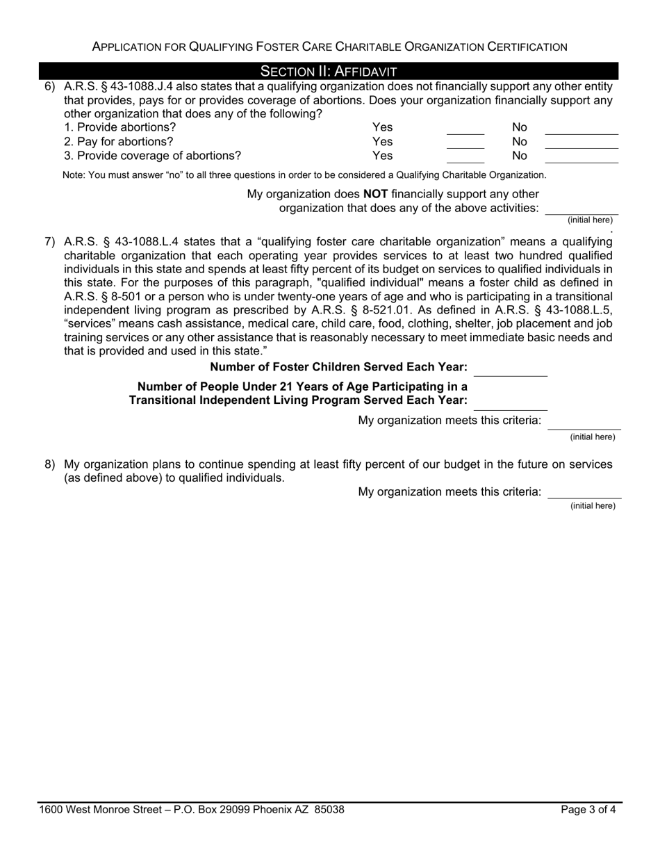 Application for Qualifying Foster Care Charitable Organization Certification - Arizona, Page 3