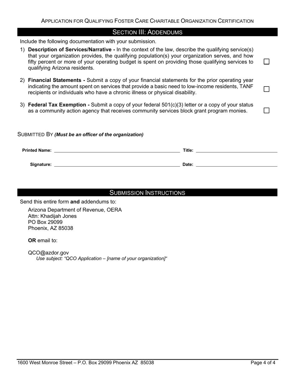 Application for Qualifying Foster Care Charitable Organization Certification - Arizona, Page 4
