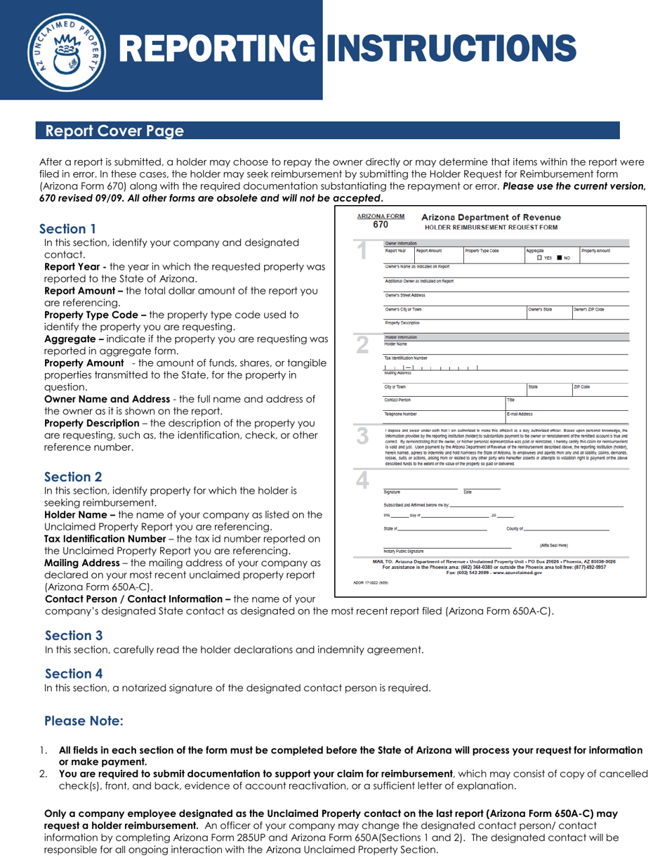 Instructions for Arizona Form 670, ADOR11035 Holder Reimbursement Request Form - Arizona, Page 1