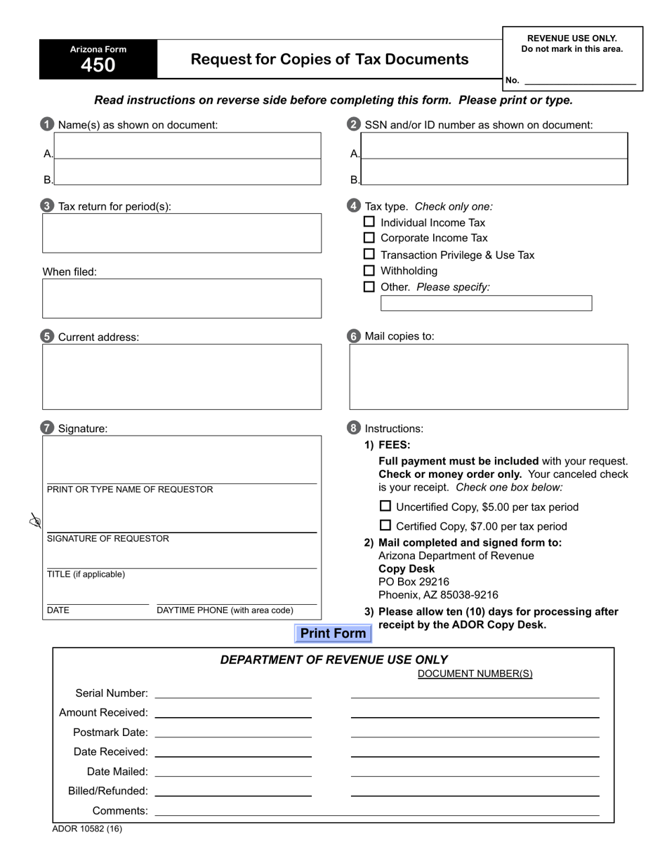 Arizona Form 450 (ADOR10582) Request for Copies of Tax Documents - Arizona, Page 1