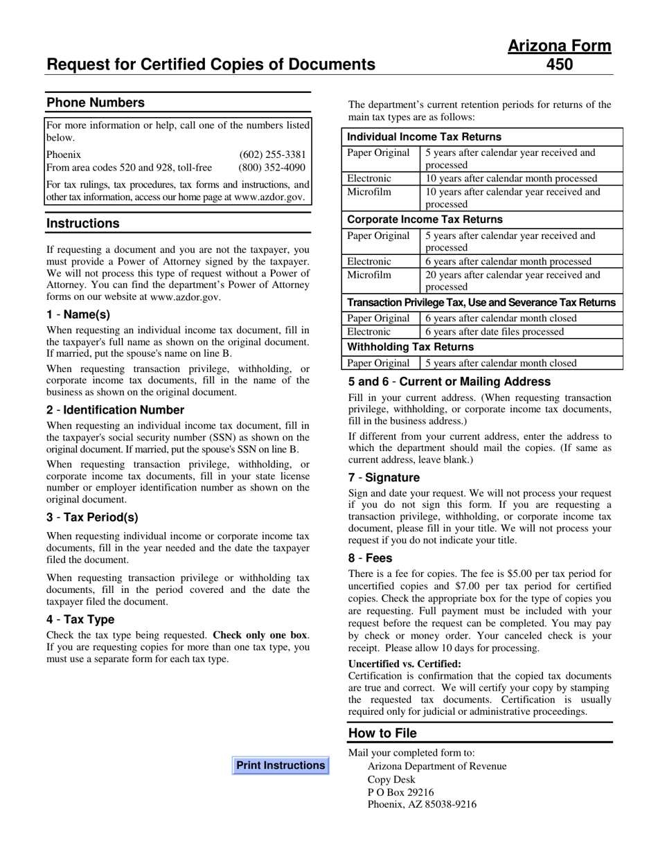Arizona Form 450 (ADOR10582) Request for Copies of Tax Documents - Arizona, Page 2